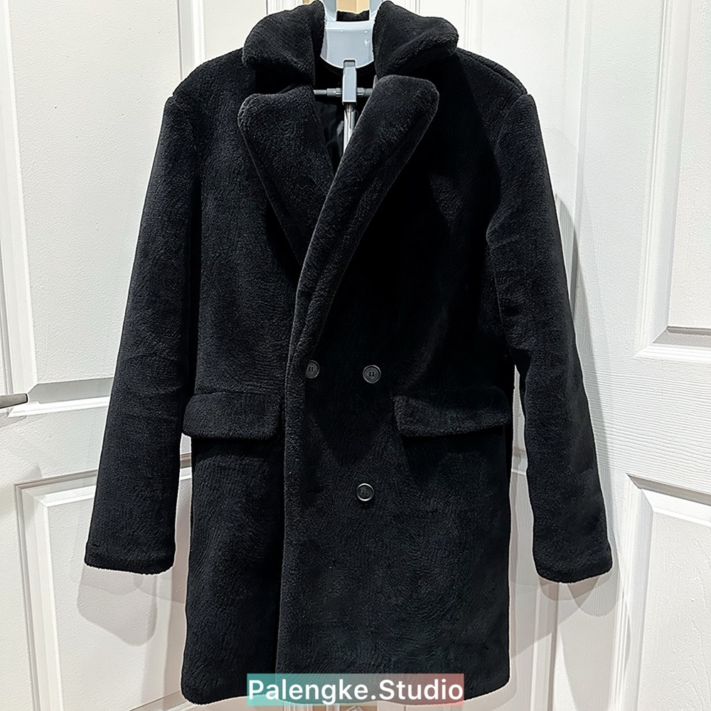 Forever 21 Black Double-Breasted Faux Fur Pea Coat